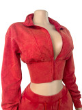 Women Washed Stand Collar Zipper Top and Drawstring Wide Leg Pants Two Piece Set
