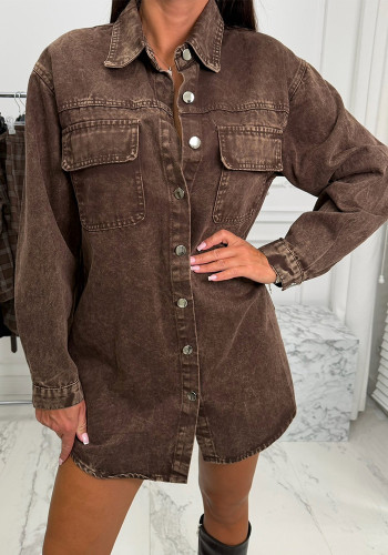 Women Brown Long Sleeve Turndown Collar Denim Shirt