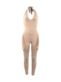 Women Spring Summer Sexy Backless Halter Neck V-Neck Jumpsuit With Pockets