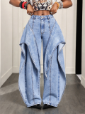 Women Fake Two-Piece Irregular Streamer Denim Wide Leg Pant