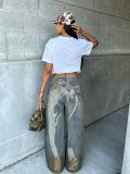 Women Skull Print Washed Denim Pant