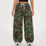 Women Casual Drawstring Cargo Camo Wide Leg Pants