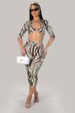 Women Sexy Printed Half-Sleeve Crop Tops and Slit Capri Pants 3 Piece Set
