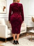 Plus Size Women Round Neck Long Sleeve Ruffle Top and Bodycon Midi Skirt Two Piece Set