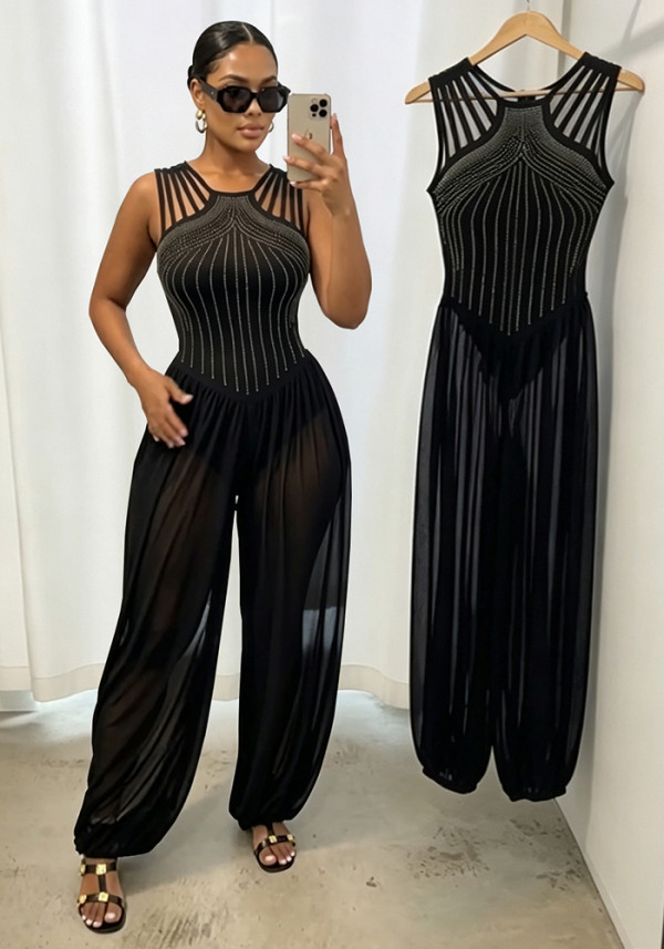 Women Sexy Halter Neck Beaded See-Through Mesh Sleeveless Jumpsuit