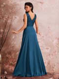 Women V-Neck High Slit Pleated Formal Party Evening Dress