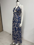 Women Summer Printed Halter Neck Lace-Up Sexy Hollow Backless Beach Maxi Dress
