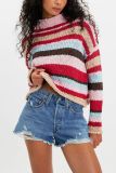 Women Autumn Winter Round Neck Knitting Top Casual Striped Color Block Sweater