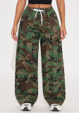 Women Casual Drawstring Cargo Camo Wide Leg Pants