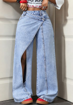Women Irregular Slit Fake Two-Piece Denim Wide Leg Pant Women Irregular Slit Fake Two-Piece Denim Wide Leg Pant