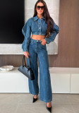 Women Denim Color Block Long Sleeve Jacket Wide Leg Pant Two Piece Set