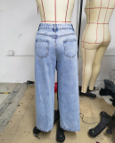 Women Irregular Slit Fake Two-Piece Denim Wide Leg Pant