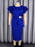 Plus Size Women Summer White Round Neck Ruffle Dress Slim Waist Rhinestone Bow Maxi Bodycon Dress