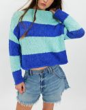 Women Autumn Winter Round Neck Knitting Top Casual Striped Color Block Sweater