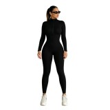 Women Fall Solid Ribbed Zipper Jumpsuit