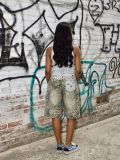 Women Faded Leopard Belt Keychain Print Denim Bermuda Shorts