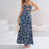 Women Summer Printed Halter Neck Lace-Up Sexy Hollow Backless Beach Maxi Dress