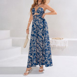 Women Summer Printed Halter Neck Lace-Up Sexy Hollow Backless Beach Maxi Dress
