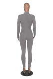 Women Fall Solid Ribbed Zipper Jumpsuit