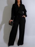 Women Button Turndown Collar Long Sleeve Top and Wide Leg Pant Two Piece Set