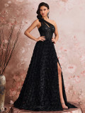 Women One Shoulder Black Rose Print Slash Shoulder Slit Evening Dress