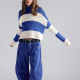 Women Autumn Winter Round Neck Knitting Top Casual Striped Color Block Sweater