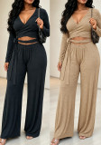 Women Casual V-Neck Long Sleeve Top and Wide Leg Pant Two Piece Set