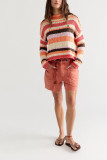 Women Autumn Winter Round Neck Knitting Top Casual Striped Color Block Sweater