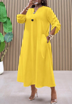 Plus Size Women V-Neck Button Long Sleeve Pocket Casual Dress