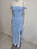 Women Summer Mesh Sexy Slit Ruffle Maxi Strap Dress