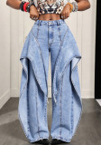 Women Fake Two-Piece Irregular Streamer Denim Wide Leg Pant