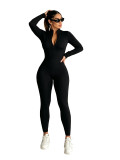 Women Fall Solid Ribbed Zipper Jumpsuit