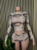 Women Printed Mesh Top and Shorts Two Piece Set