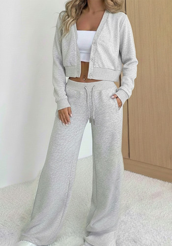 Women Casual Knitting Autumn Winter Crop Top and Wide Leg Pant Two Piece Set