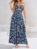 Women Summer Printed Halter Neck Lace-Up Sexy Hollow Backless Beach Maxi Dress