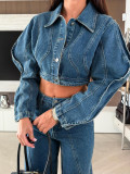 Women Denim Color Block Long Sleeve Jacket Wide Leg Pant Two Piece Set