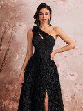 Women One Shoulder Black Rose Print Slash Shoulder Slit Evening Dress
