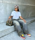 Women Skull Print Washed Denim Pant