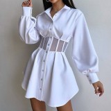 Women Mesh Patchwork See-Through Turndown Collar Long Sleeve Mini Dress
