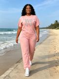 Plus Size Women Beaded Bow Short Sleeve Top and Pant Casual Two Piece Set