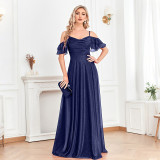 Women Navy Blue Spaghetti Strap Off Shoulder Ruffle Short Sleeve High Slit Maxi Evening Dress