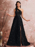 Women One Shoulder Black Rose Print Slash Shoulder Slit Evening Dress