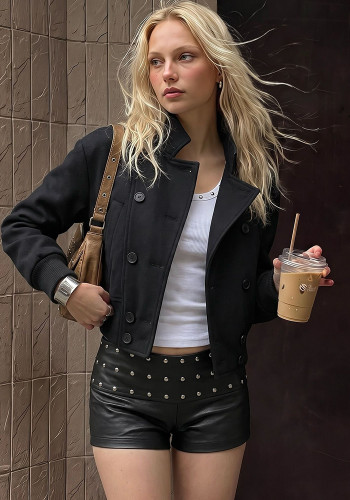 Women Asymmetric Ribbed Patchwork High Neck Coat
