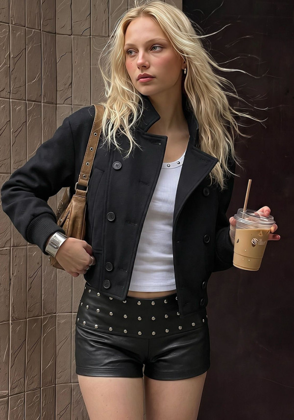 Women Asymmetric Ribbed Patchwork High Neck Coat