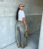 Women Skull Print Washed Denim Pant