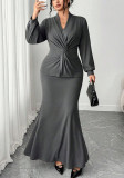 Plus Size Women V-Neck Cross Knot Long Sleeve Top Mermaid Skirt Two Piece Set