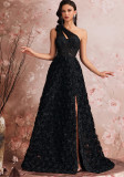 Women One Shoulder Black Rose Print Slash Shoulder Slit Evening Dress