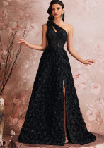 Women One Shoulder Black Rose Print Slash Shoulder Slit Evening Dress Women One Shoulder Black Rose Print Slash Shoulder Slit Evening Dress