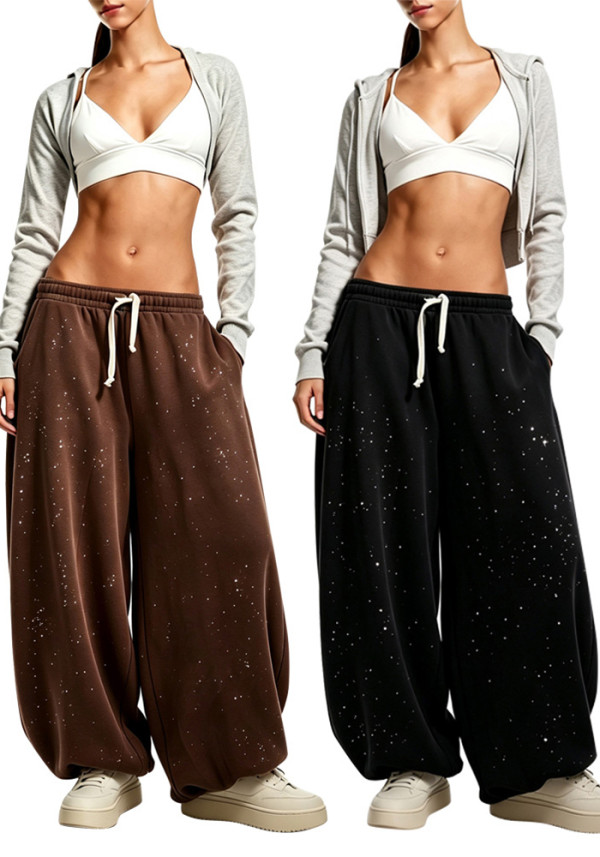 Women Autumn Winter Casual Beaded Solid Sweatpants
