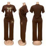 Plus Size Women Beaded Bow Short Sleeve Top and Pant Casual Two Piece Set